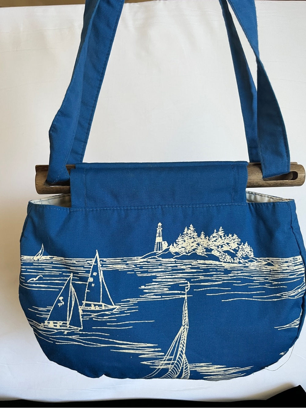 Vintage Flamstead of Vermont 70s-80s Coastal Sailboat Ocean Wood & Fabric Bag